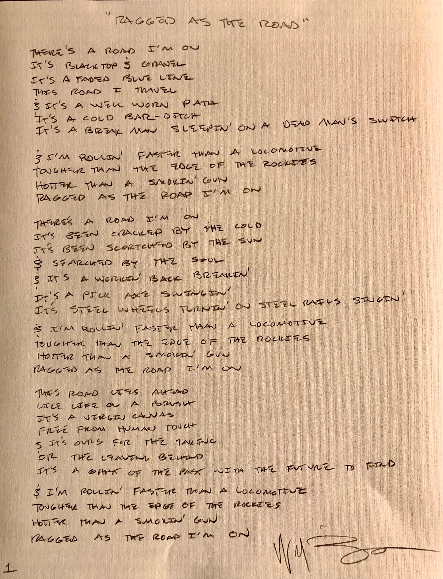 Willy Braun's Hand Written Song Lyrics